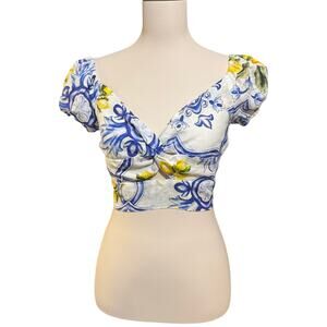 Sesto Senso Linen Crop Top Puff Sleeves Tie Back Size Medium Blue Yellow Floral